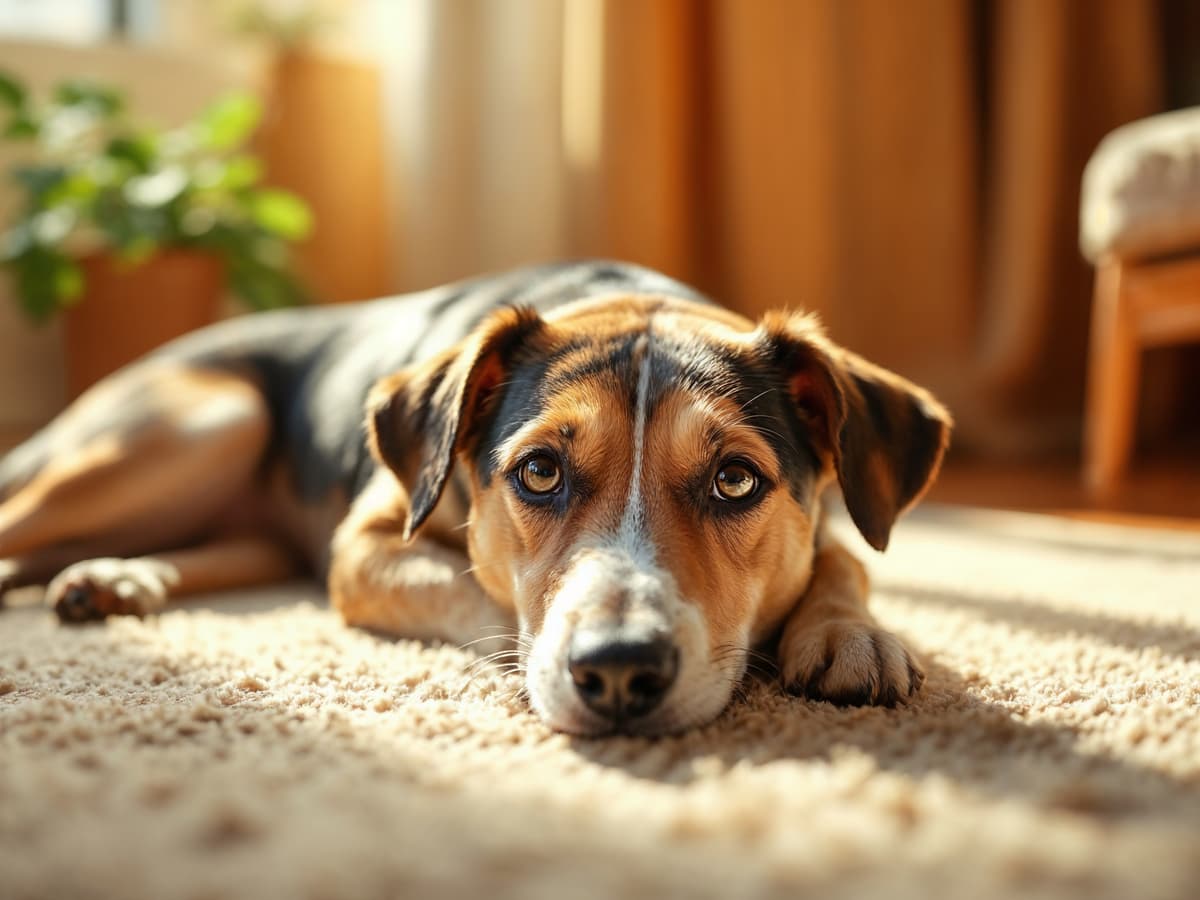 A sad-looking dog lying on a rug.